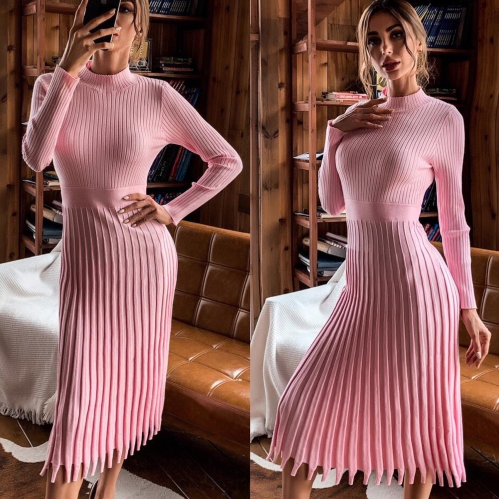 Fall mock neck ribbed knit sweater midi dress Pink - Picture 13 of 15